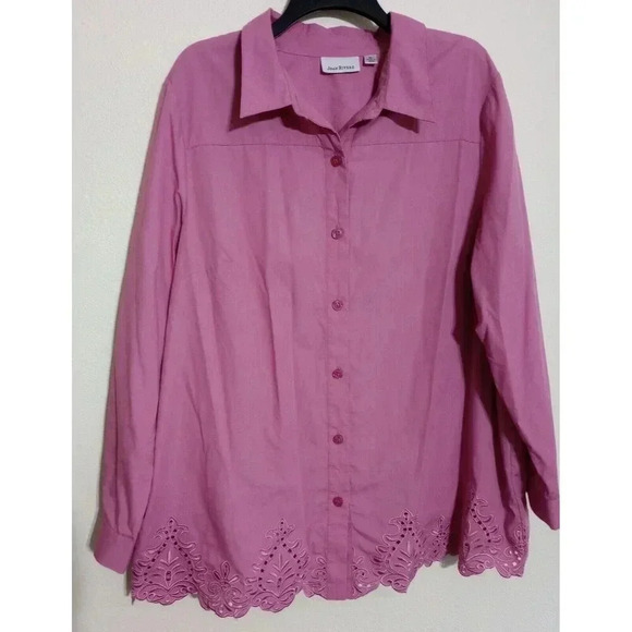 Joan Rivers Tops - Joan Rivers Blouse Eyelet Hem Button Front Mauve Long Sleeve Size XL